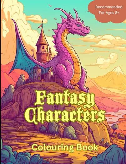 Fantasy Characters Colouring Book cover: a purple dragon perched on a castle hilltop